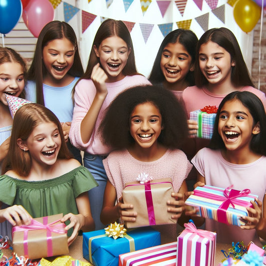 Image of a diverse group of happy 11-12 year old girls unwrapping gifts at a birthday party, ensuring that the faces are clear and not distorted.