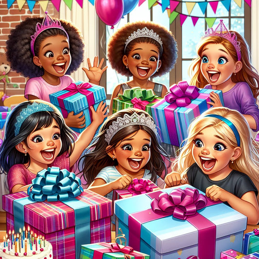 Image of a diverse group of happy 7-year-old girls unwrapping gifts with excitement, ensuring their faces are not distorted.