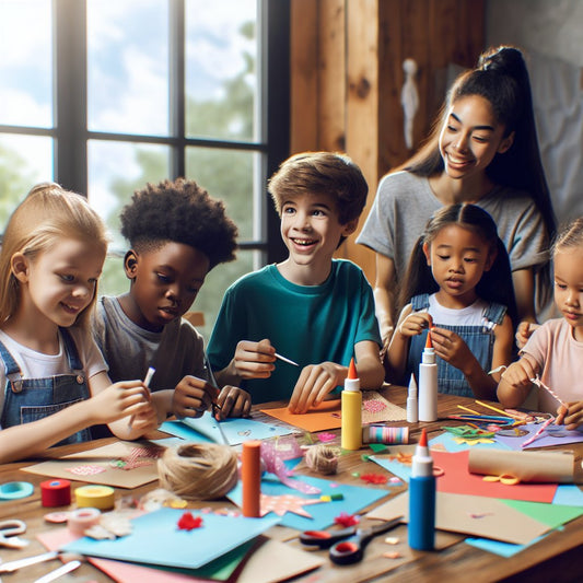 Image of children creating handmade gifts for Father's Day, ensuring that the faces are not distorted.