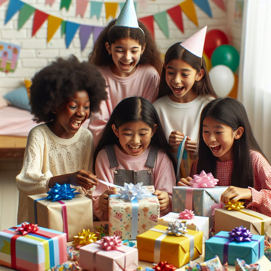 Image of a diverse group of happy 10-year-old girls unwrapping birthday gifts, ensuring that their faces are not distorted.