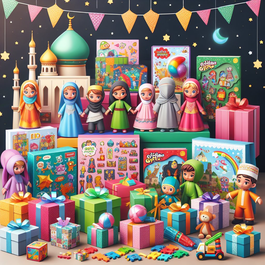 Image of a variety of colorful and engaging Eid gifts for kids, ensuring that the faces in the image are not distorted.