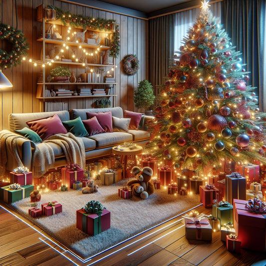 Image of a cozy living room scene with various personalized Christmas gifts for kids, such as custom toys, name-engraved items, and unique presents, all beautifully displayed. Ensure that the faces in the image are clear and not distorted.