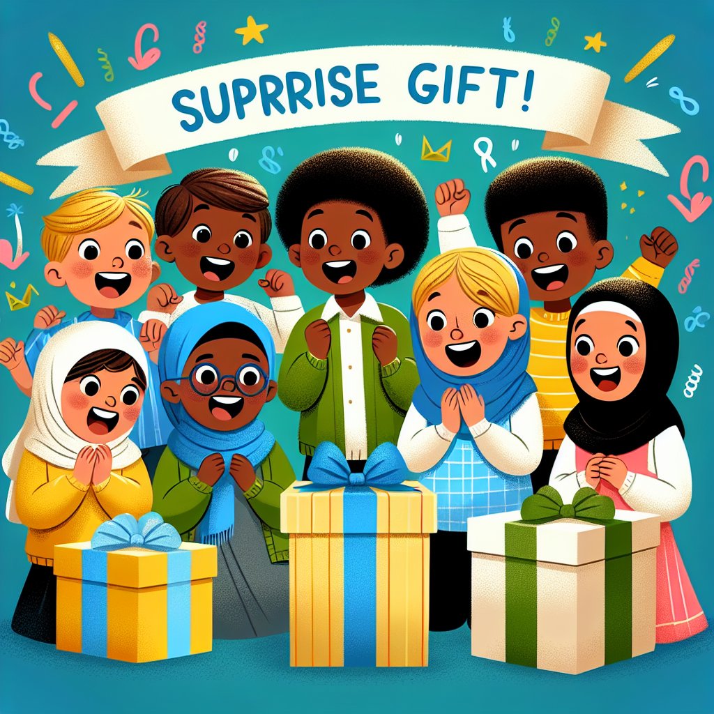 Create an image of a diverse group of happy children receiving gifts on their first day of school, with a surprise gift that stands out. Avoid any distorted faces in the image.