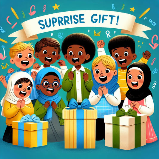 Create an image of a diverse group of happy children receiving gifts on their first day of school, with a surprise gift that stands out. Avoid any distorted faces in the image.