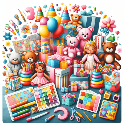 Image of a whimsical and colorful gift display for a 3-year-old girl, featuring a variety of unique toys and items. Ensure that the faces in the image are not distorted.