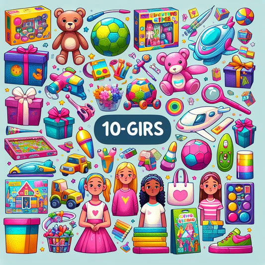 Image of a variety of top gifts for 10-year-old girls, including toys, games, and educational items, with a focus on colorful and engaging options. Ensure that the faces of any people in the image are not distorted.