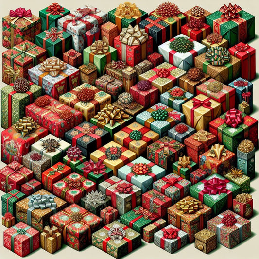 Image of various Christmas gifts beautifully wrapped and displayed, ensuring that all faces in the image are not distorted.