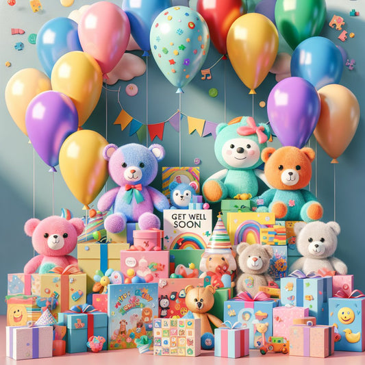 Image of a variety of colorful and cheerful get well soon gifts for kids, ensuring that the faces in the image are not distorted.