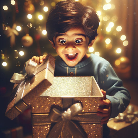 Image of a personalized Christmas gift being unwrapped by a child with a look of joy and excitement, ensuring that the faces are clear and not distorted.