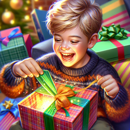 Image of a personalized Christmas gift being unwrapped by a child with a joyful expression, ensuring that the faces are not distorted.