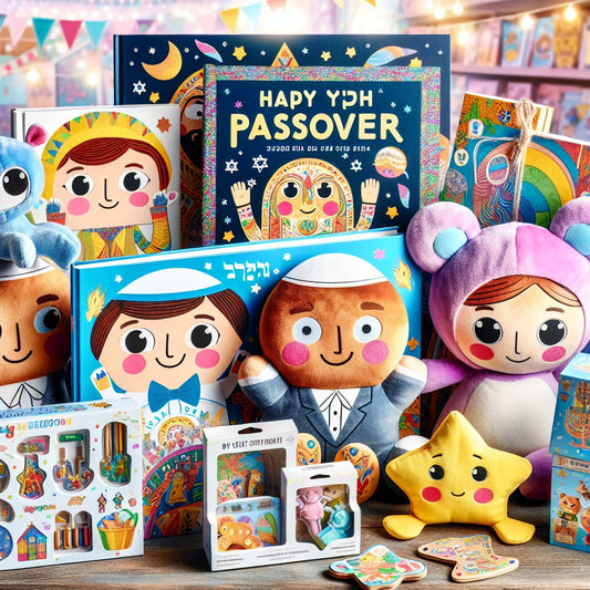 Image of a variety of Passover-themed gifts for kids, ensuring that the faces in the image are not distorted.