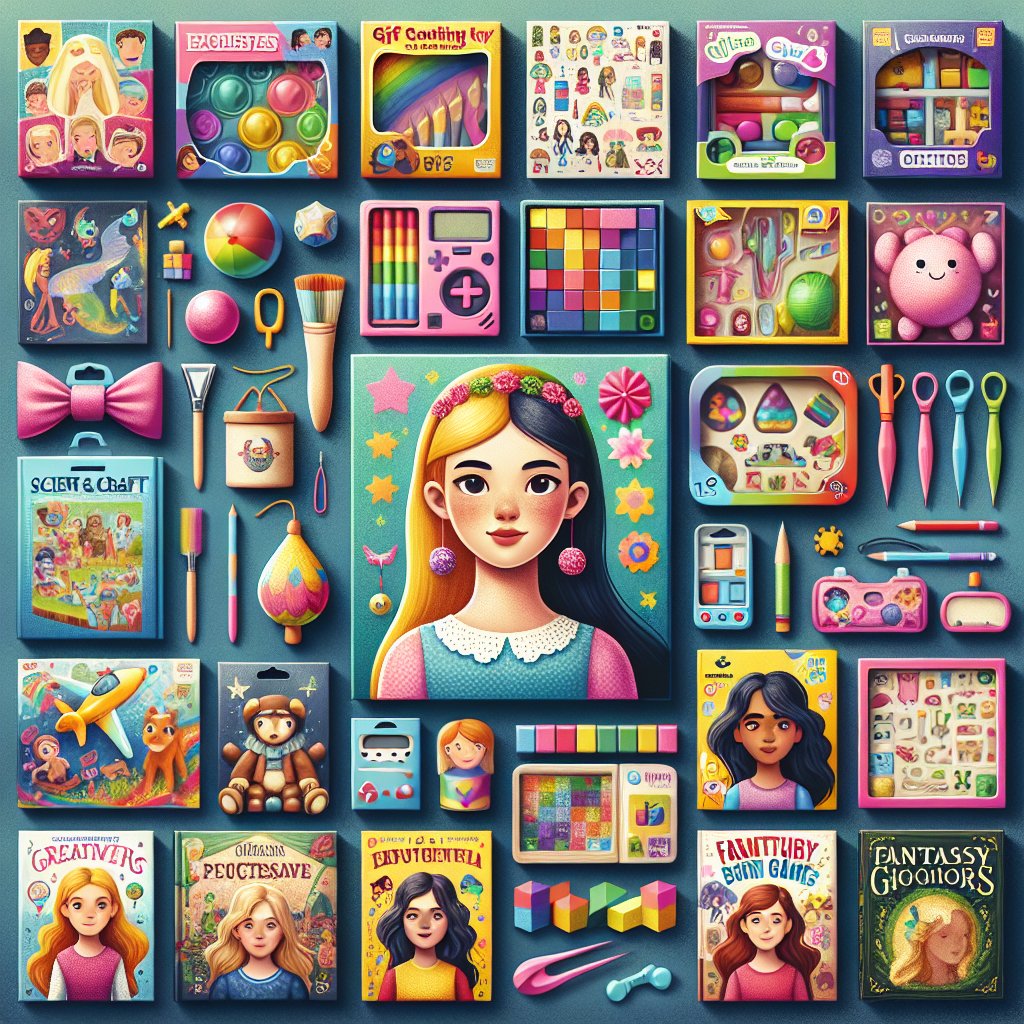 Image of a variety of colorful and engaging gifts suitable for 11-12 year old girls, ensuring that the faces in the image are clear and not distorted.