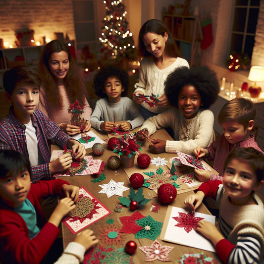 Image of various Christmas crafts being made by kids, ensuring that the faces are not distorted.