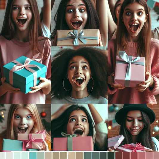 Image of a diverse group of teenage girls excitedly unwrapping unique gifts, ensuring that their faces are not distorted.