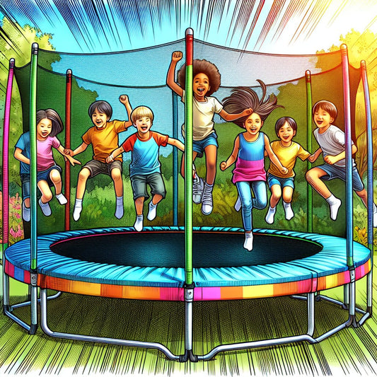 Image of a mini trampoline for kids with joyful and energetic children bouncing on it, ensuring that the faces are clear and not distorted.