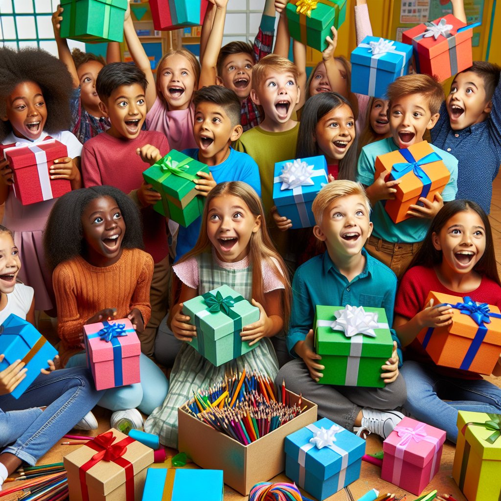 Image of a diverse group of children excitedly opening colorful gift boxes on the first day of school, ensuring that the faces are not distorted.