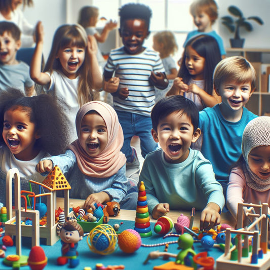 Image of a diverse group of children happily playing with sensory toys and educational games, ensuring that the faces are not distorted.