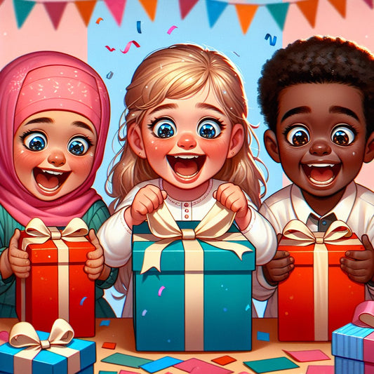 Image of a diverse group of children excitedly unwrapping experience gift boxes, ensuring their faces are not distorted.