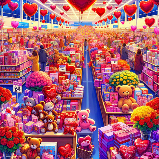 Image of various Valentine's gifts displayed in a Walmart store setting, ensuring that the faces of any people in the image are not distorted.