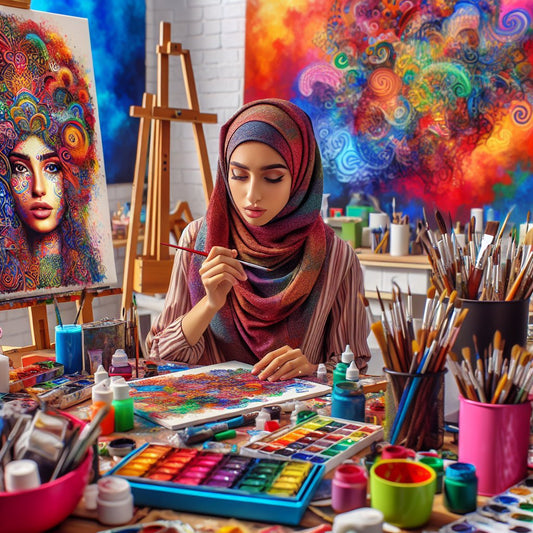 Image of a colorful art studio filled with various art supplies and tools, showcasing a young artist creating a masterpiece. Avoid any distorted faces in the image.