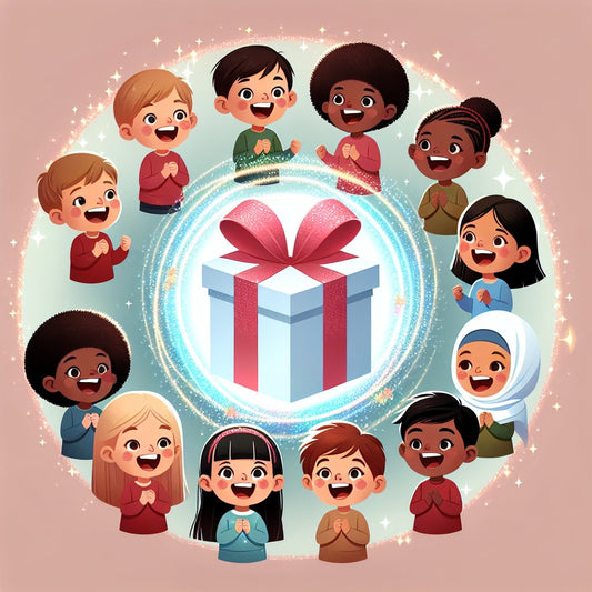 Image of a magical gift box surrounded by excited children of diverse backgrounds, without any distorted faces.