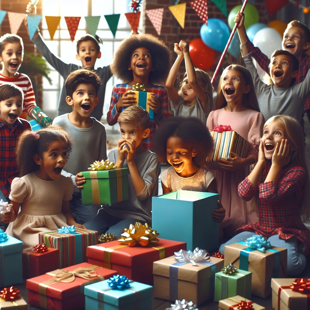 Image of a fun and colorful gift exchange scene with various wrapped presents and excited children opening gifts, ensuring that the faces are not distorted.