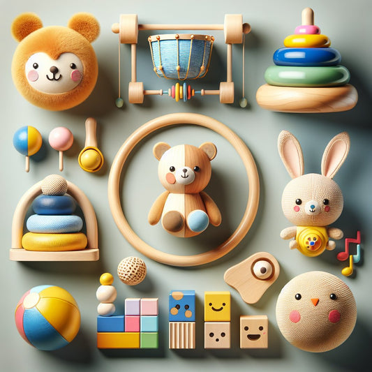 Image of 5 different colorful and engaging toys suitable for a one-year-old boy, ensuring that the faces in the image are not distorted.