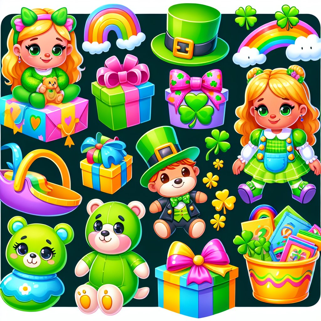 "Create a whimsical and colorful image featuring 10 unique St. Patrick's Day-themed gifts for kids, ensuring that the faces in the image are not distorted."