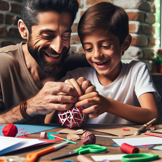 Image of a father and a 10-year-old child happily crafting together for Father's Day, ensuring that the faces are not distorted.