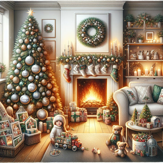 Image of a cozy living room scene with various personalized Christmas gifts for kids, such as custom toys, name-engraved items, and festive decorations. Ensure that all faces in the image are not distorted.