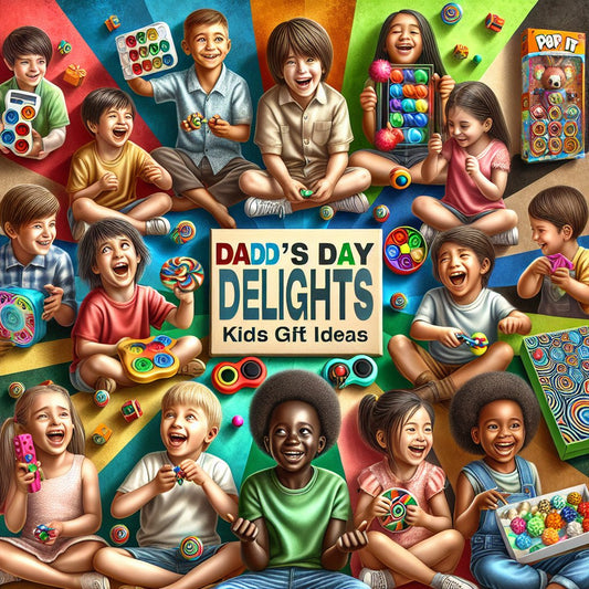 Image of a diverse group of children happily playing with educational toys and pop it fidget toys, surrounded by colorful gift boxes with the title "Dad's Day Delights: Kids' Gift Ideas" displayed prominently. Avoid any distorted faces in the image.