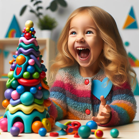 Image of a 4-year-old girl happily playing with a unique and colorful toy, ensuring that the faces in the image are not distorted.