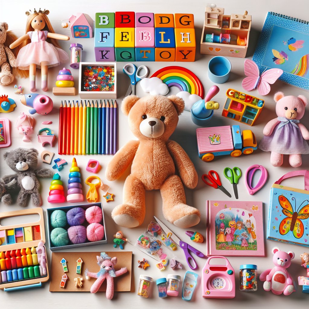 Image of a variety of colorful and engaging toys suitable for a 5-year-old girl, ensuring that the faces in the image are not distorted.