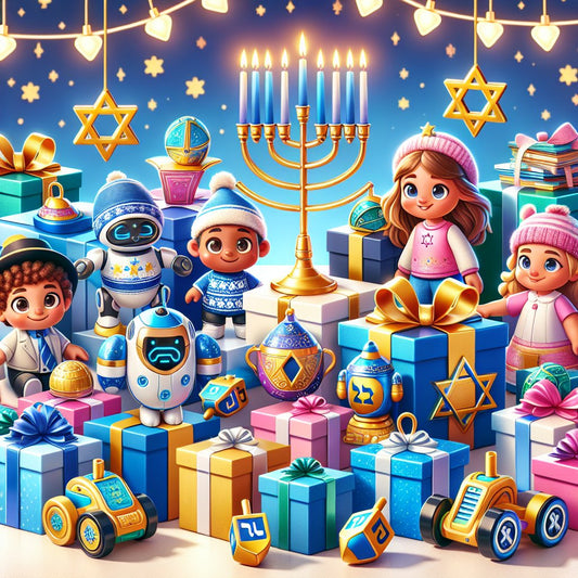 Image of various Hanukkah-themed gifts for kids, ensuring that the faces in the image are not distorted.