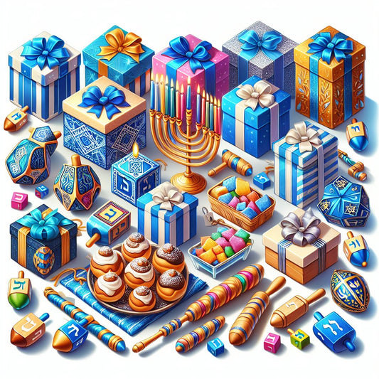 Image of various Hanukkah-themed gifts for kids, including dreidels, menorahs, and traditional Hanukkah treats, without any distorted faces.