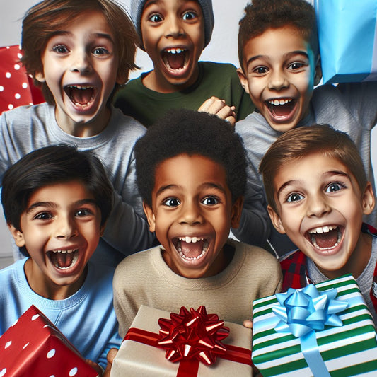 Image of a diverse group of happy 8-year-old boys unwrapping Christmas gifts, showcasing excitement and surprise. Avoid any distorted facial features in the image.