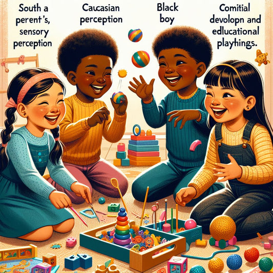 Image of a diverse group of children happily playing with a variety of sensory toys and educational games, with a focus on inclusivity and joy. Avoid any distorted facial features in the image.