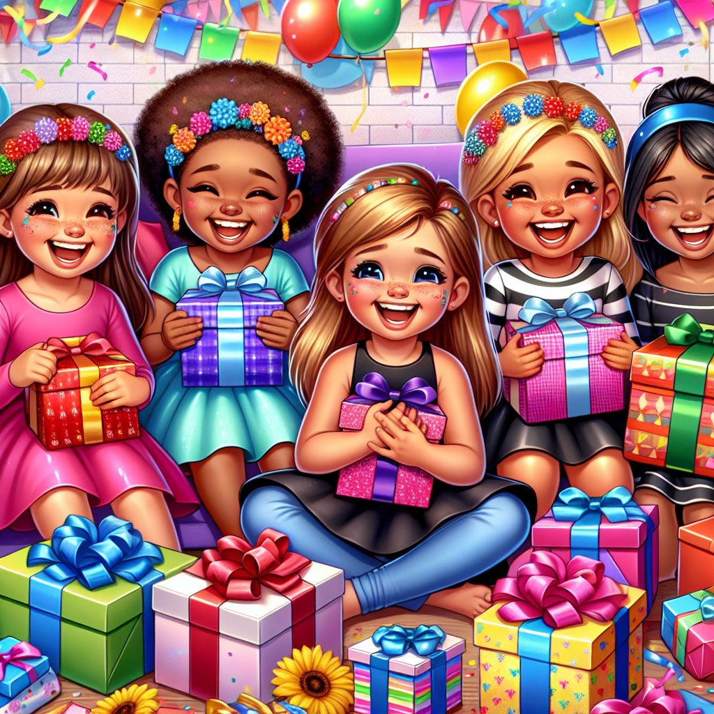 Image of a diverse group of happy 9-year-old girls unwrapping gifts in a colorful room, ensuring their faces are not distorted.