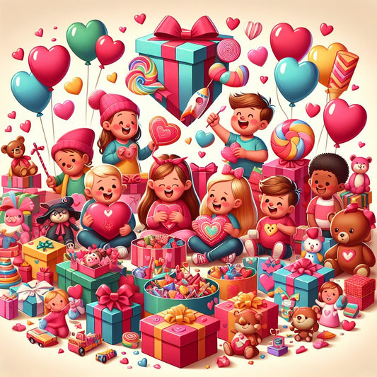 Image of various Valentine's Day gifts for kids in a playful and colorful setting, ensuring that the faces of any people in the image are not distorted.