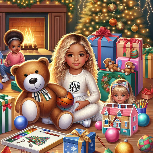 Image of various personalized Christmas gifts for kids, ensuring that the faces in the image are not distorted.