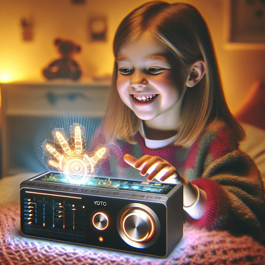 Image of a futuristic and innovative Yoto Player device being used by a happy child in a cozy room setting, ensuring that the faces are clear and not distorted.