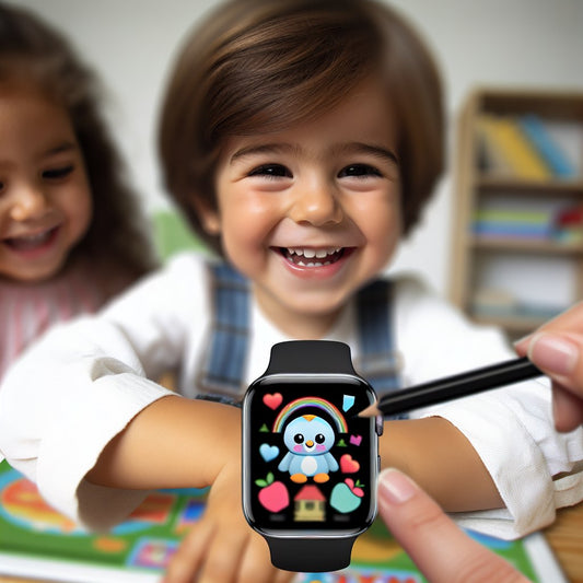 Image of a child happily using an Apple Watch, engaging with educational activities, without any distorted faces.