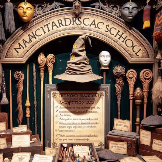 Image of a magical Harry Potter-themed gift display with various items like wands, Hogwarts acceptance letters, and a sorting hat, ensuring that all faces in the image are clear and not distorted.