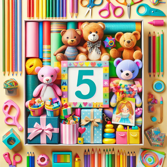 Image of a colorful and playful gift display for a 5-year-old girl without any distorted faces.