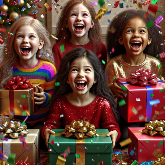 Image of a diverse group of happy 6-year-old girls excitedly opening gifts, ensuring that their faces are not distorted.