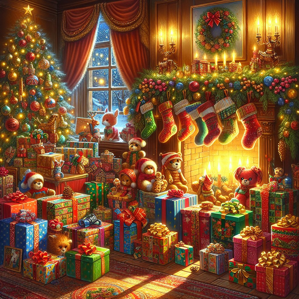 Image of various colorful and creative Christmas gifts for kids, ensuring that the faces in the image are not distorted.