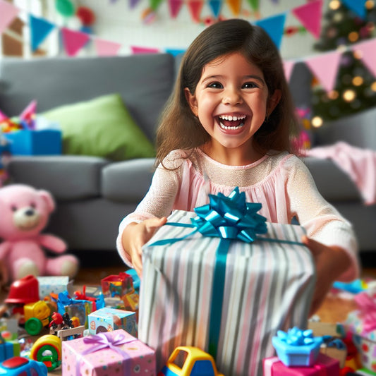 Image of a 4-year-old girl happily unwrapping a unique gift, surrounded by various toys and colorful decorations. Avoid any distorted facial features in the image.