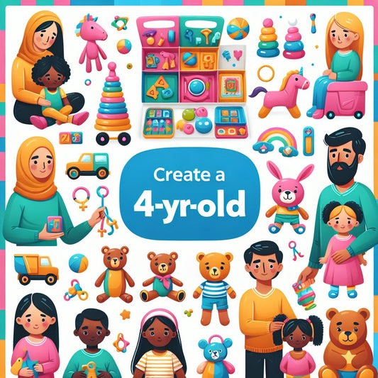 Image of a variety of colorful and engaging toys suitable for 4-year-olds, ensuring that the faces of any people in the image are not distorted.