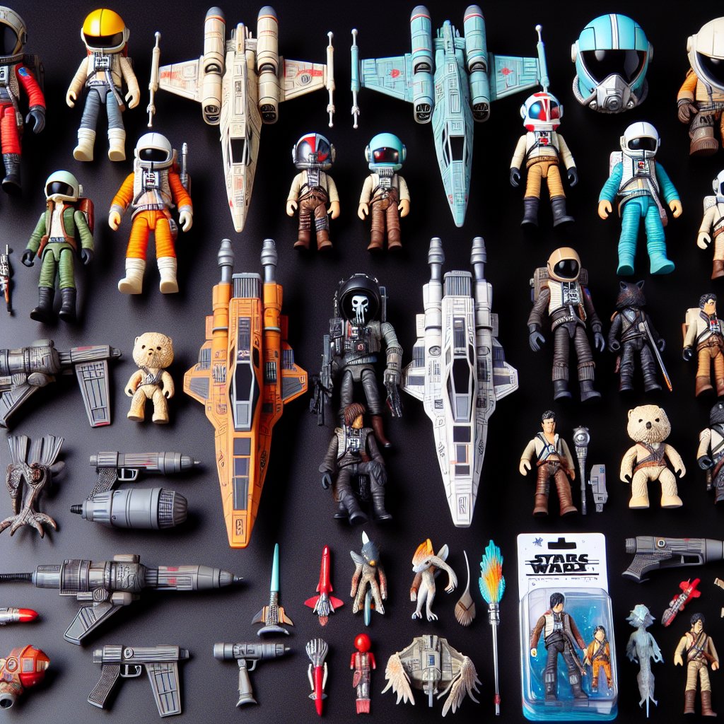 Image of a variety of Star Wars-themed toys and merchandise arranged in a visually appealing way, ensuring that the faces of any characters are not distorted.