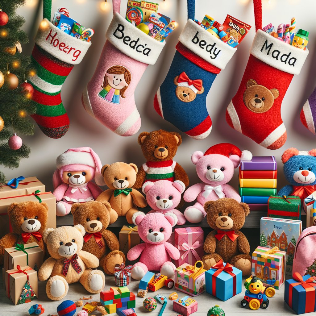 Image of various personalized Christmas gifts for kids, ensuring that the faces in the image are not distorted.